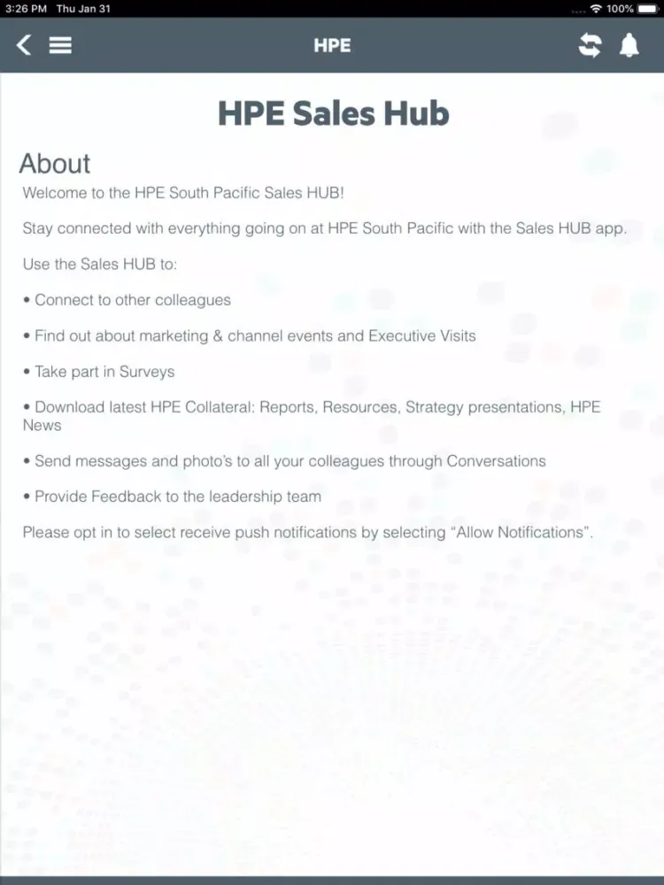 Capturas de tela do HPE Sales HUB iPad 