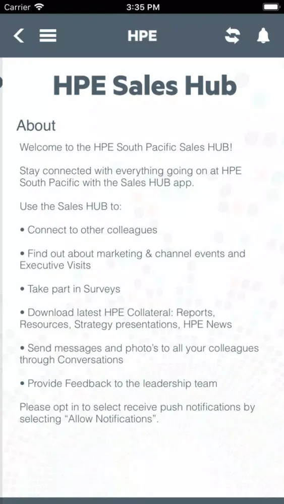 Capturas de tela do HPE Sales HUB