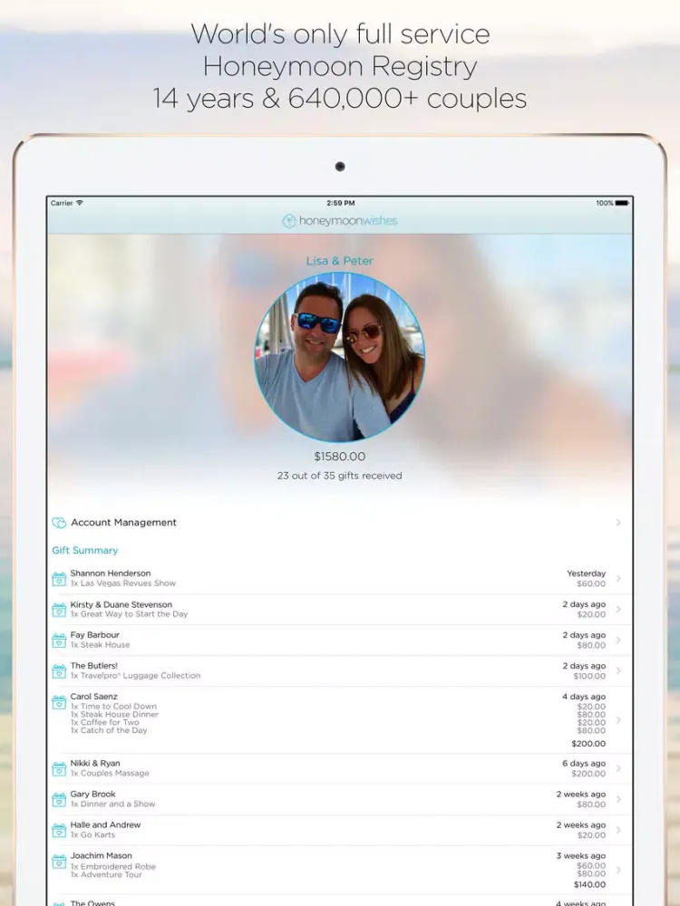 HoneymoonWishes Honeymoon & Wedding Registry iPad 应用截图