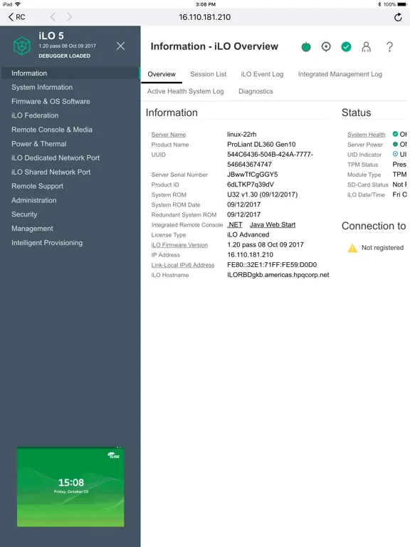 Zrzuty ekranu HPE iLO Mobile iPad 