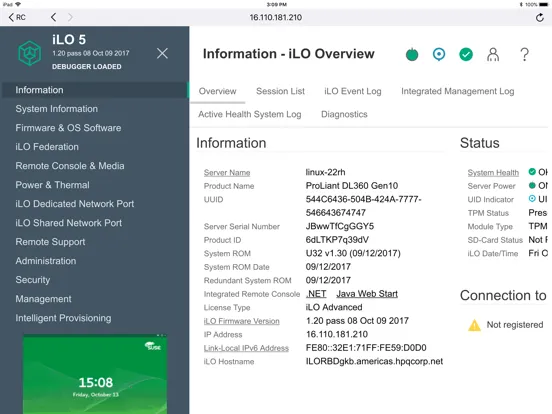 Zrzuty ekranu HPE iLO Mobile iPad 