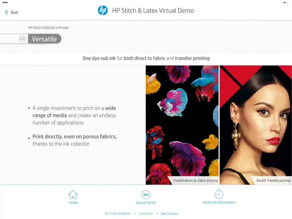 Capturas de tela do HP Stitch & Latex Virtual Demo iPad 