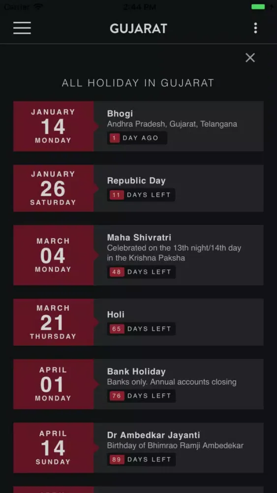 Tangkapan skrin India Holiday Calendar