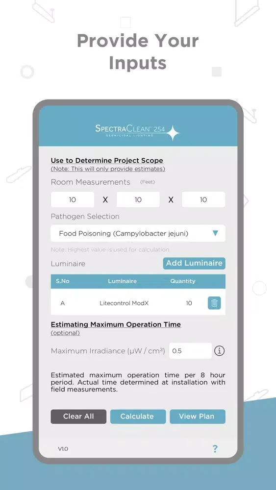 ภาพหน้าจอของ SpectraClean Estimator