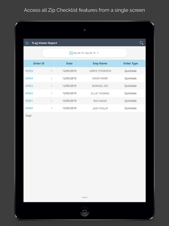 Capturas de tela do Zip POS Dashboard iPad 