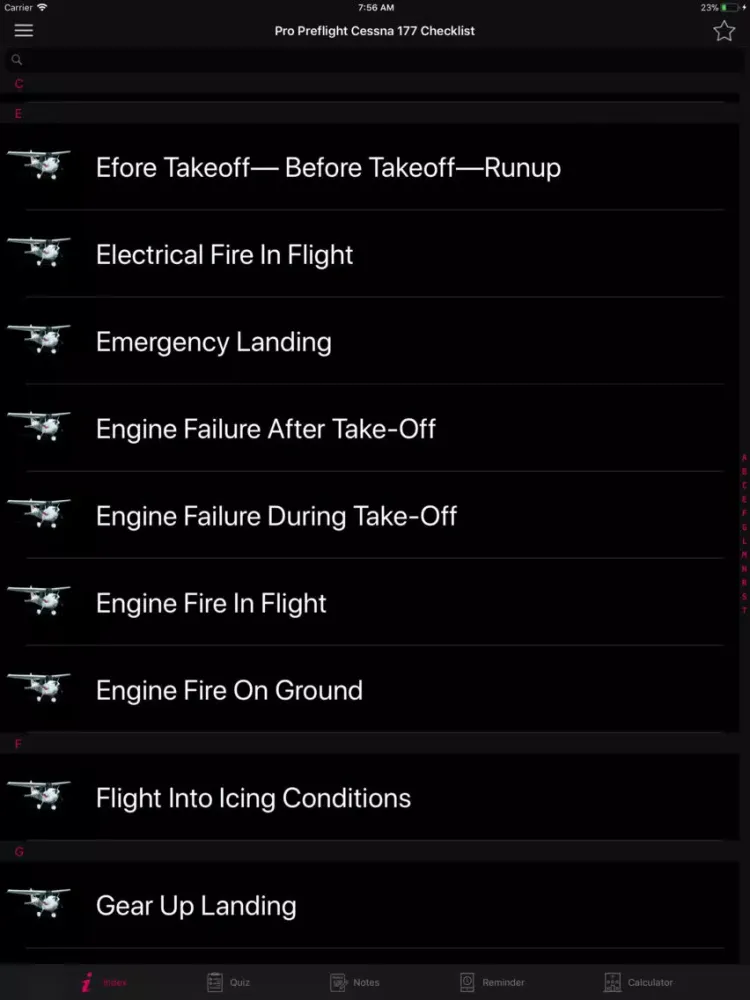 Tangkapan layar Preflight Cessna 177 Checklist iPad 