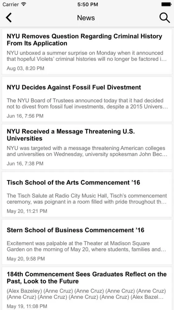 Zrzuty ekranu NYU News