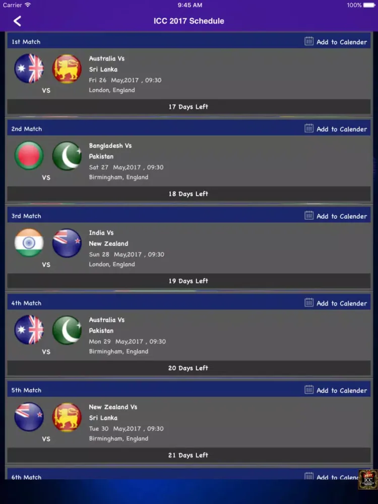 ภาพหน้าจอของ Champion Trophy Schedule iPad 