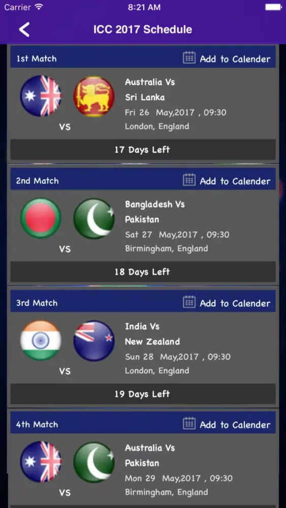 ภาพหน้าจอของ Champion Trophy Schedule