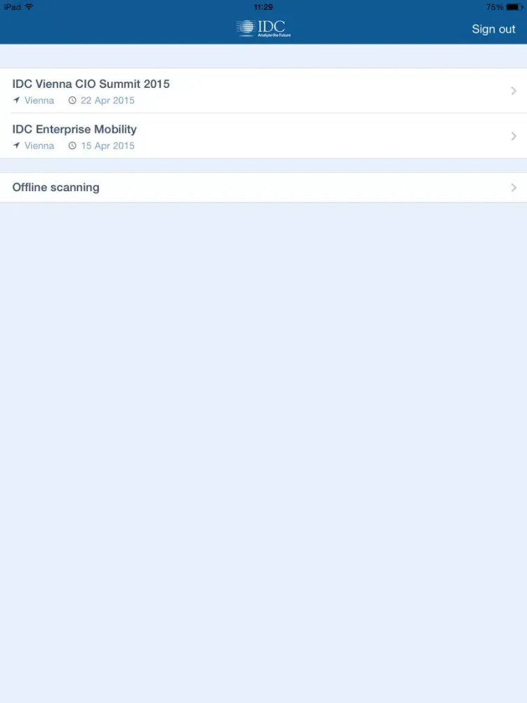 Capturas de tela do IDC Check-in iPad 