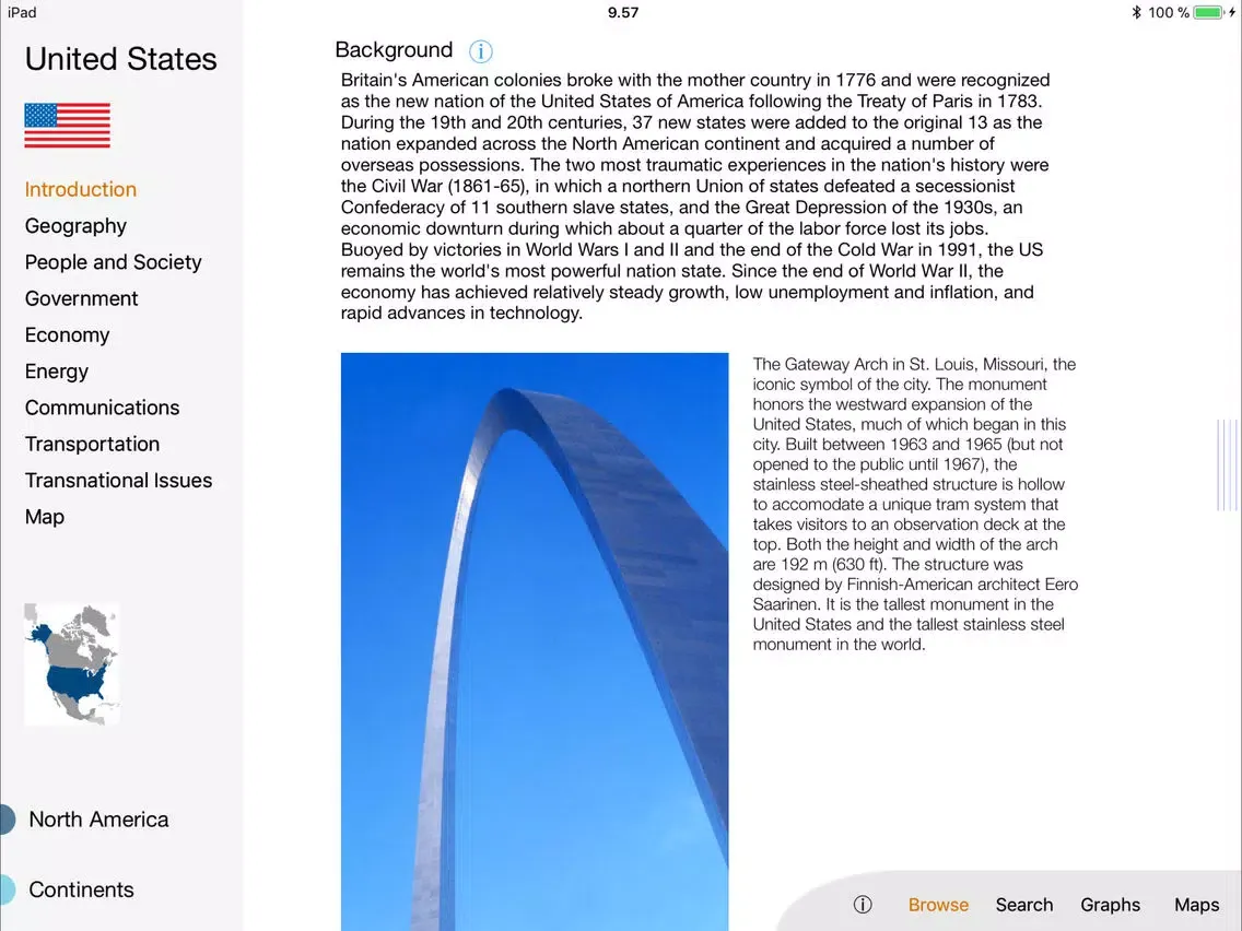 Ảnh chụp màn hình của World Factbook Visual Edition iPad 