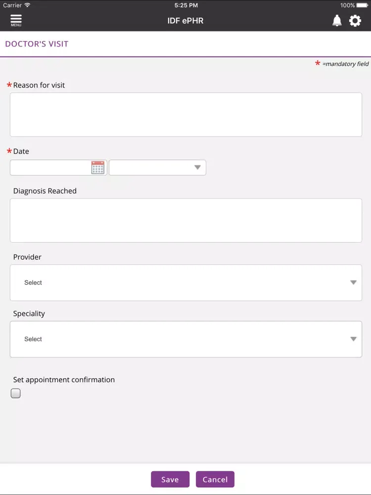 Ảnh chụp màn hình của IDF ePHR iPad 