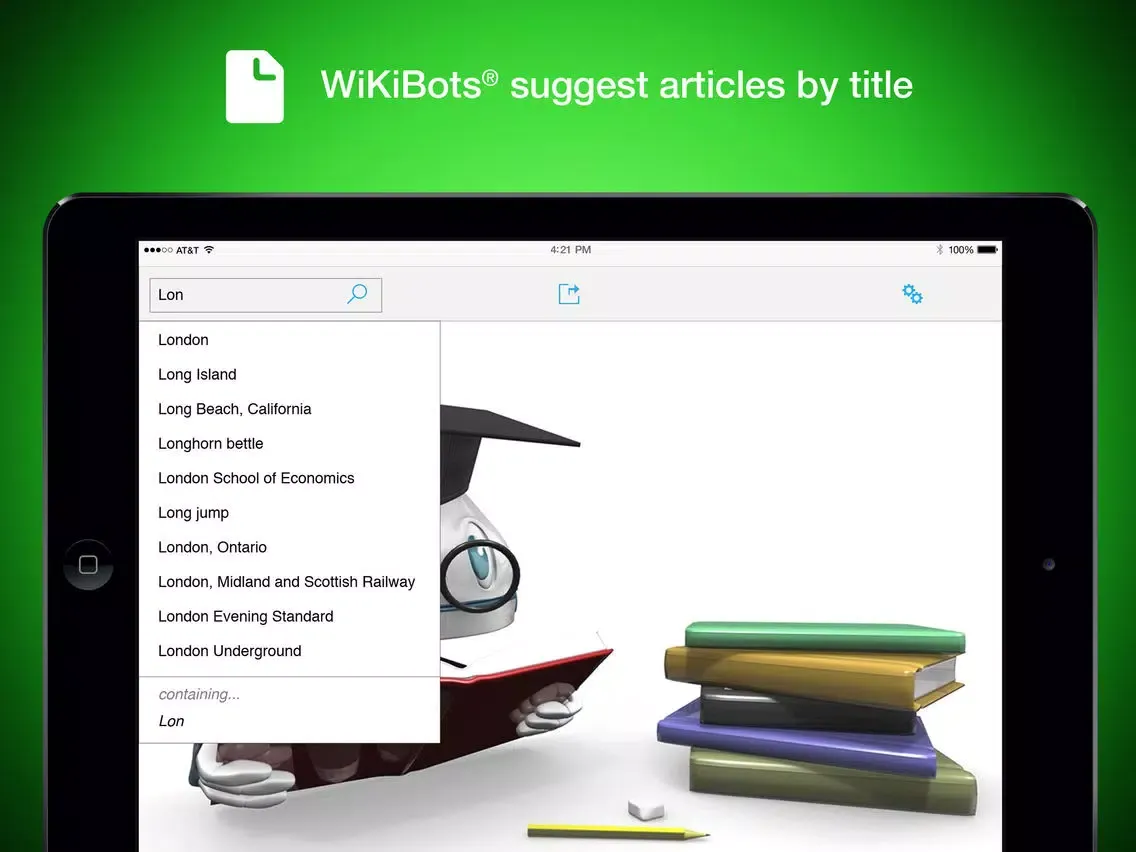 Capturas de tela do WikiBots Talking Wikipedia iPad 