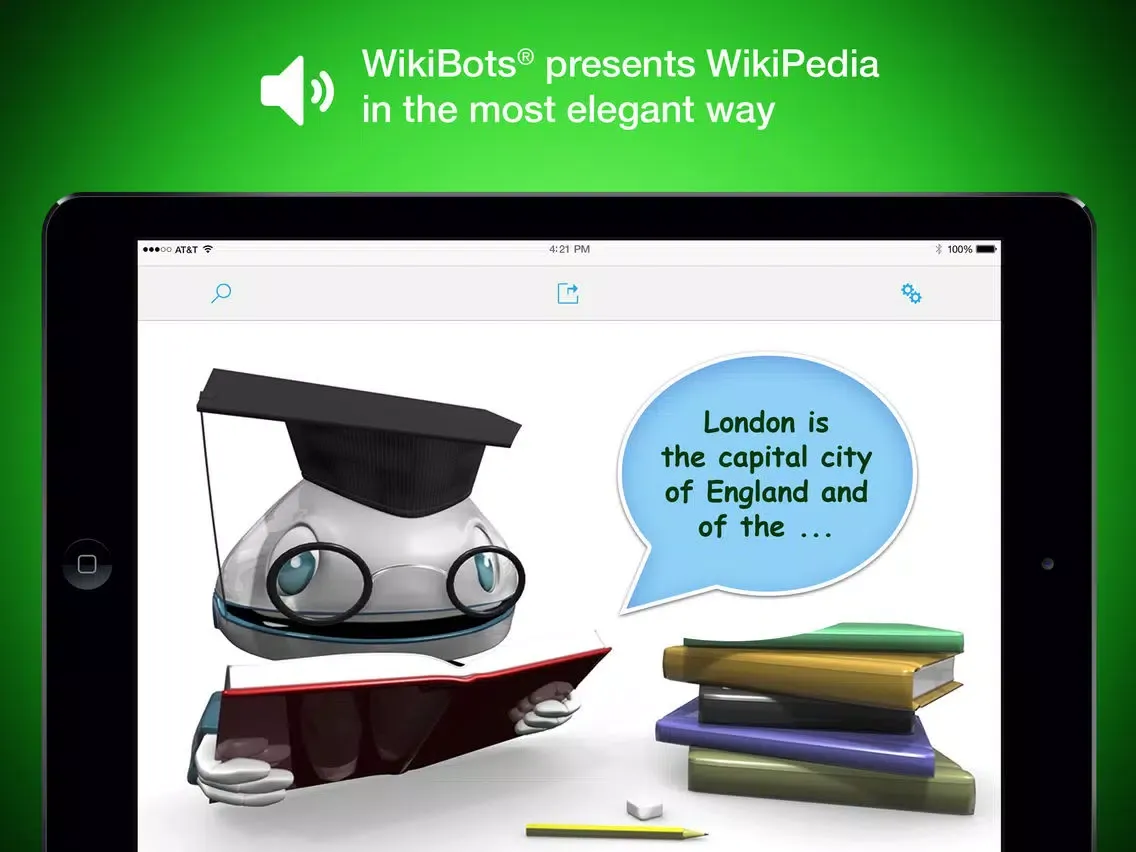Capturas de tela do WikiBots Talking Wikipedia iPad 