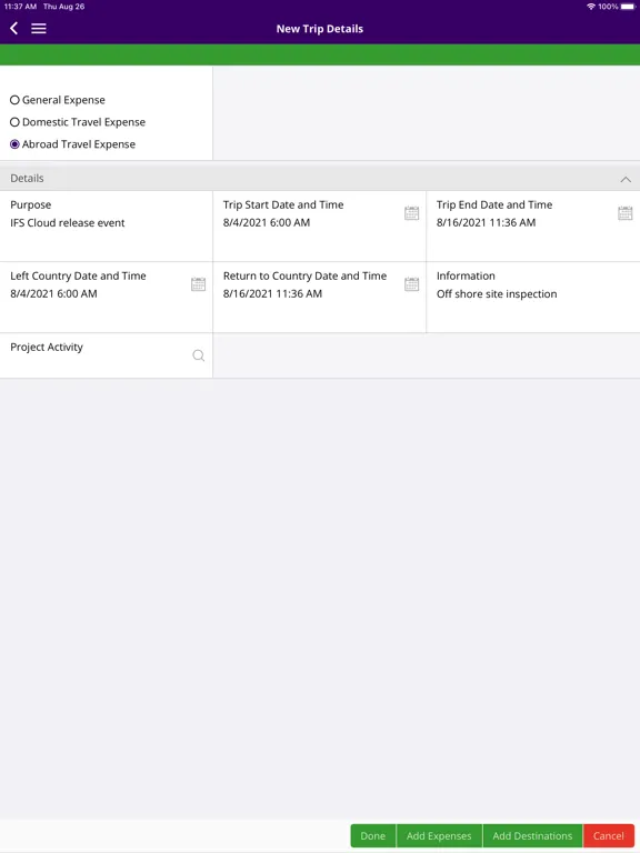 Ảnh chụp màn hình của IFS Trip Tracker iPad 
