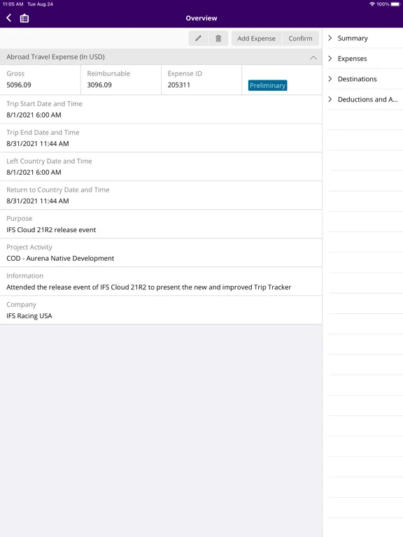 Ảnh chụp màn hình của IFS Trip Tracker iPad 