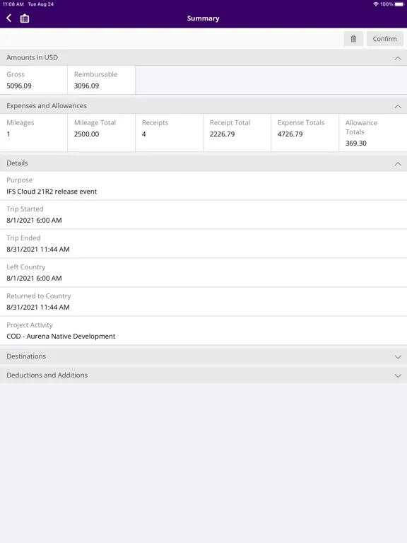 Ảnh chụp màn hình của IFS Trip Tracker iPad 