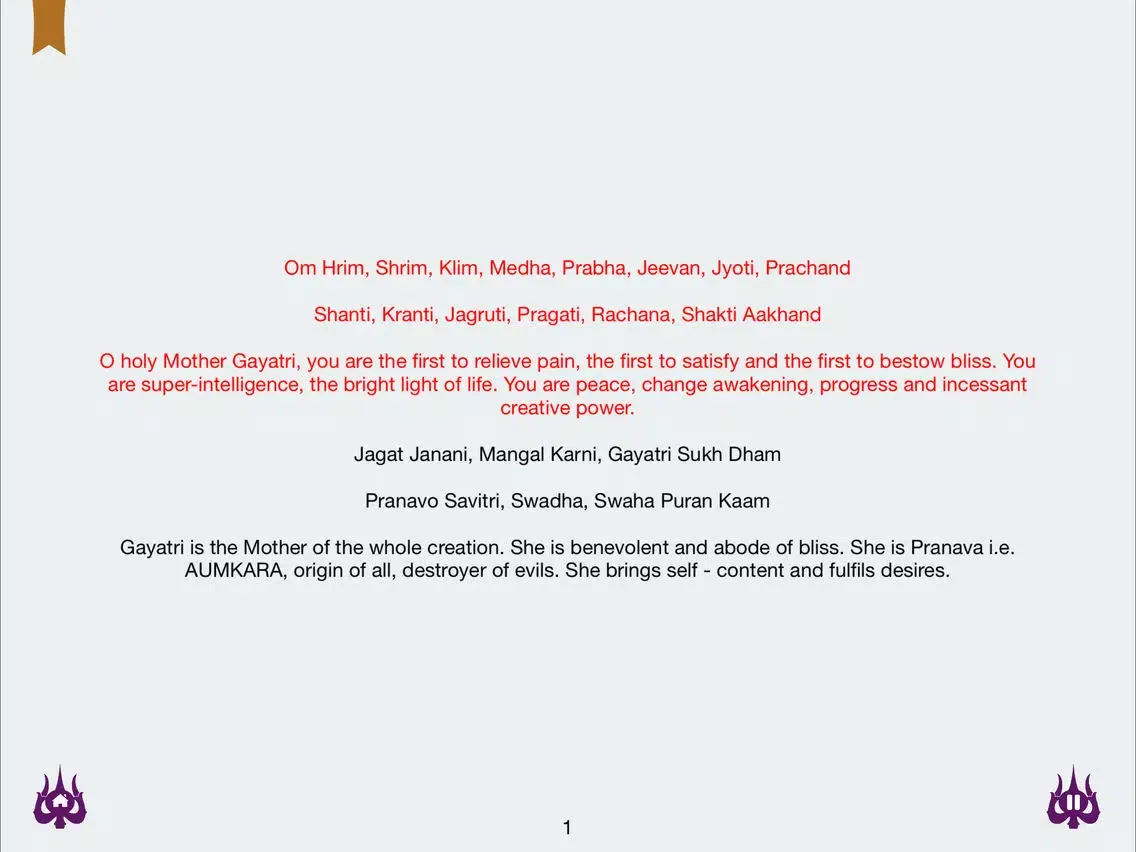Shri Gayatri Chalisa with read along in Hindi & English, Mp3 Playback, translation with meaning of each line iPad  سکرین شاٹس