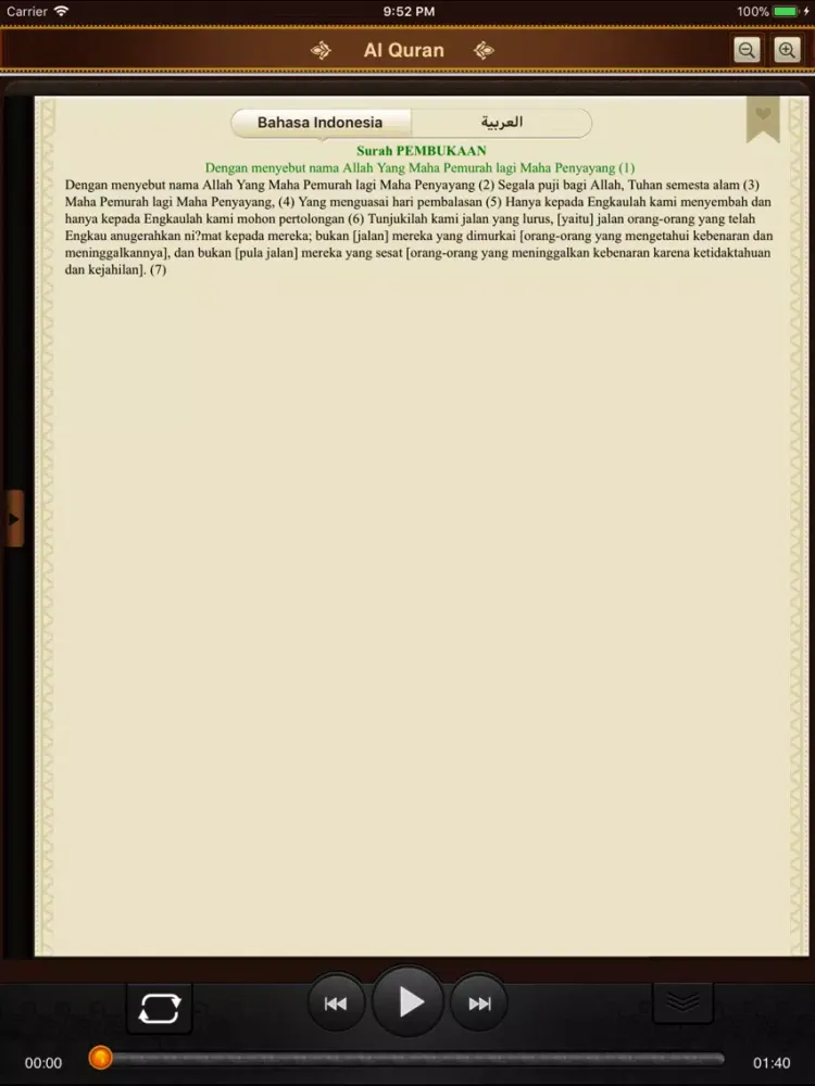 Tangkapan skrin Al-Quran. 114 Surah. Indonesia iPad 