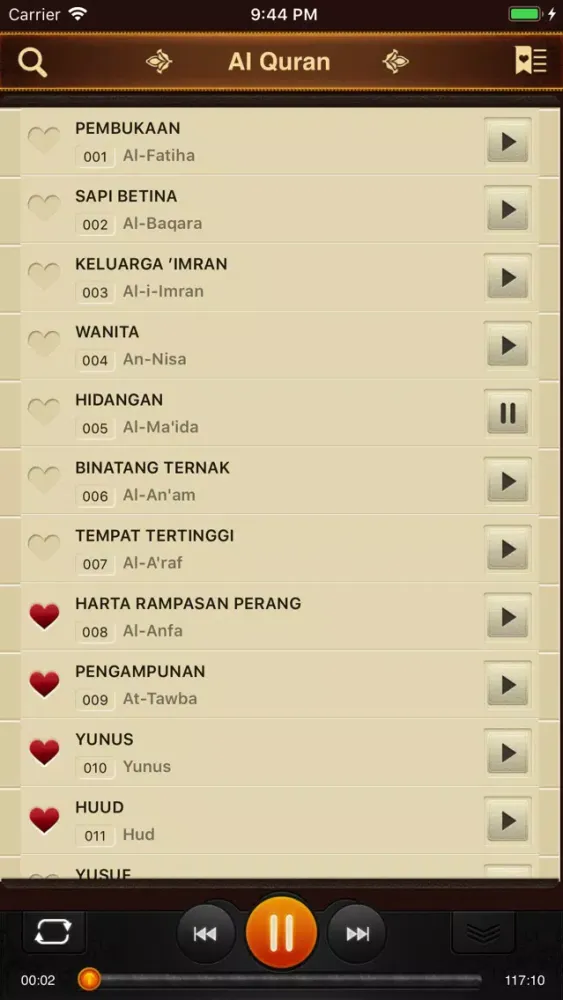 Tangkapan skrin Al-Quran. 114 Surah. Indonesia