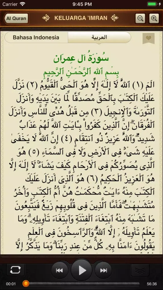 Tangkapan skrin Al-Quran. 114 Surah. Indonesia
