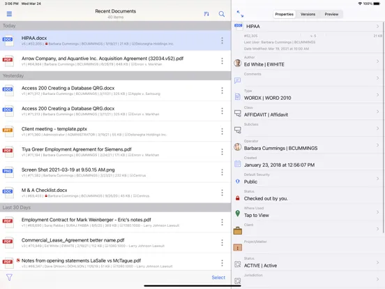 Capturas de tela do iManage Work 10 For Intune iPad 