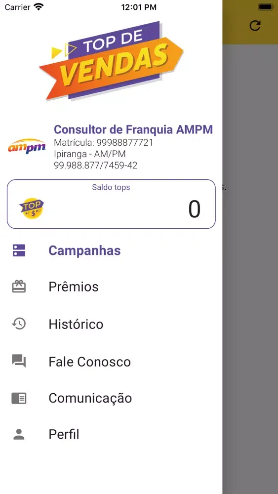 Capturas de tela do Top de vendas