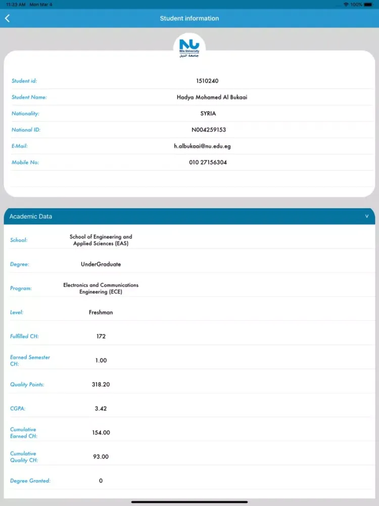 Tangkapan layar NU Student Information System iPad 
