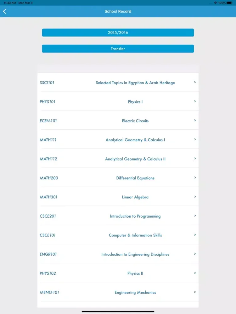 Tangkapan layar NU Student Information System iPad 