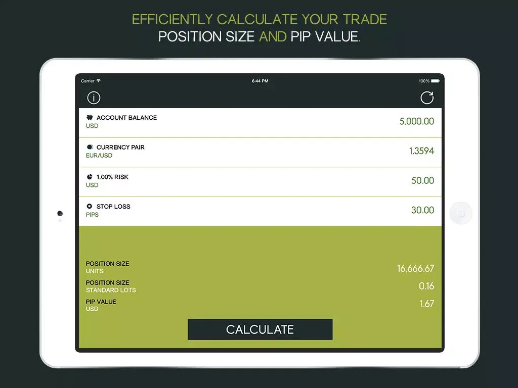 Forex Trade Calculator - A Position Size & Pip Value Trading Tool For The FX Day Trader iPad Screenshots