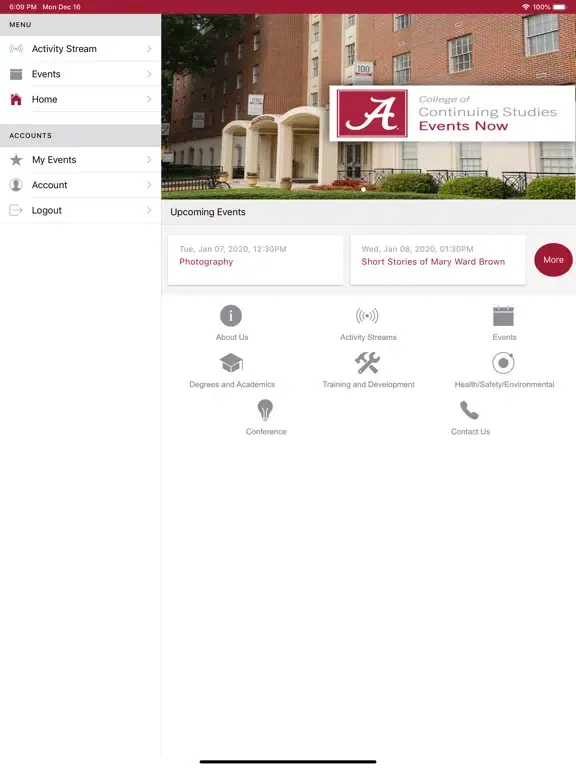 Tangkapan layar UA Events Now iPad 