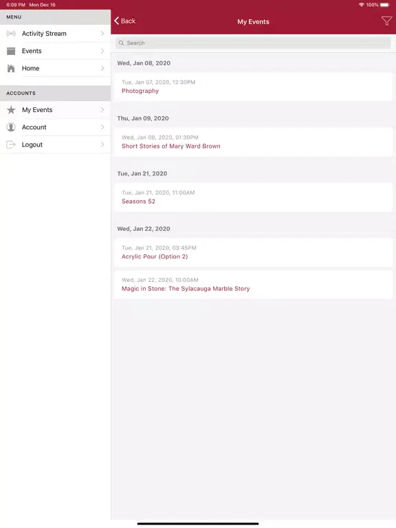 Tangkapan layar UA Events Now iPad 