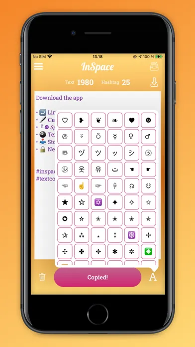 Capturas de tela do InSpace: caption for Instagram