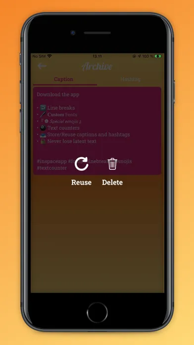 Capturas de tela do InSpace: caption for Instagram