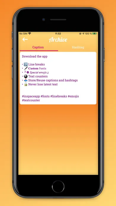 Capturas de tela do InSpace: caption for Instagram