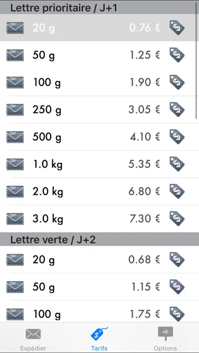 ภาพหน้าจอของ Calcul de vos tarifs d'affranchissement postaux : courriers et colis