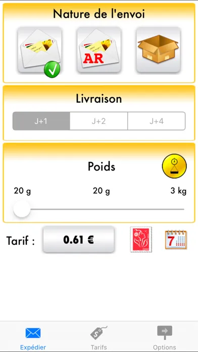 ภาพหน้าจอของ Calcul de vos tarifs d'affranchissement postaux : courriers et colis