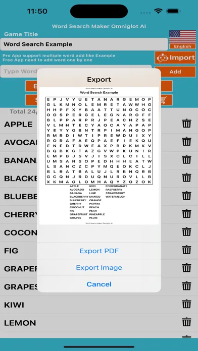 Tangkapan skrin Word Search Maker Omniglot