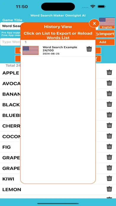 Tangkapan skrin Word Search Maker Omniglot