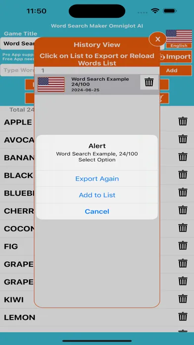Tangkapan skrin Word Search Maker Omniglot