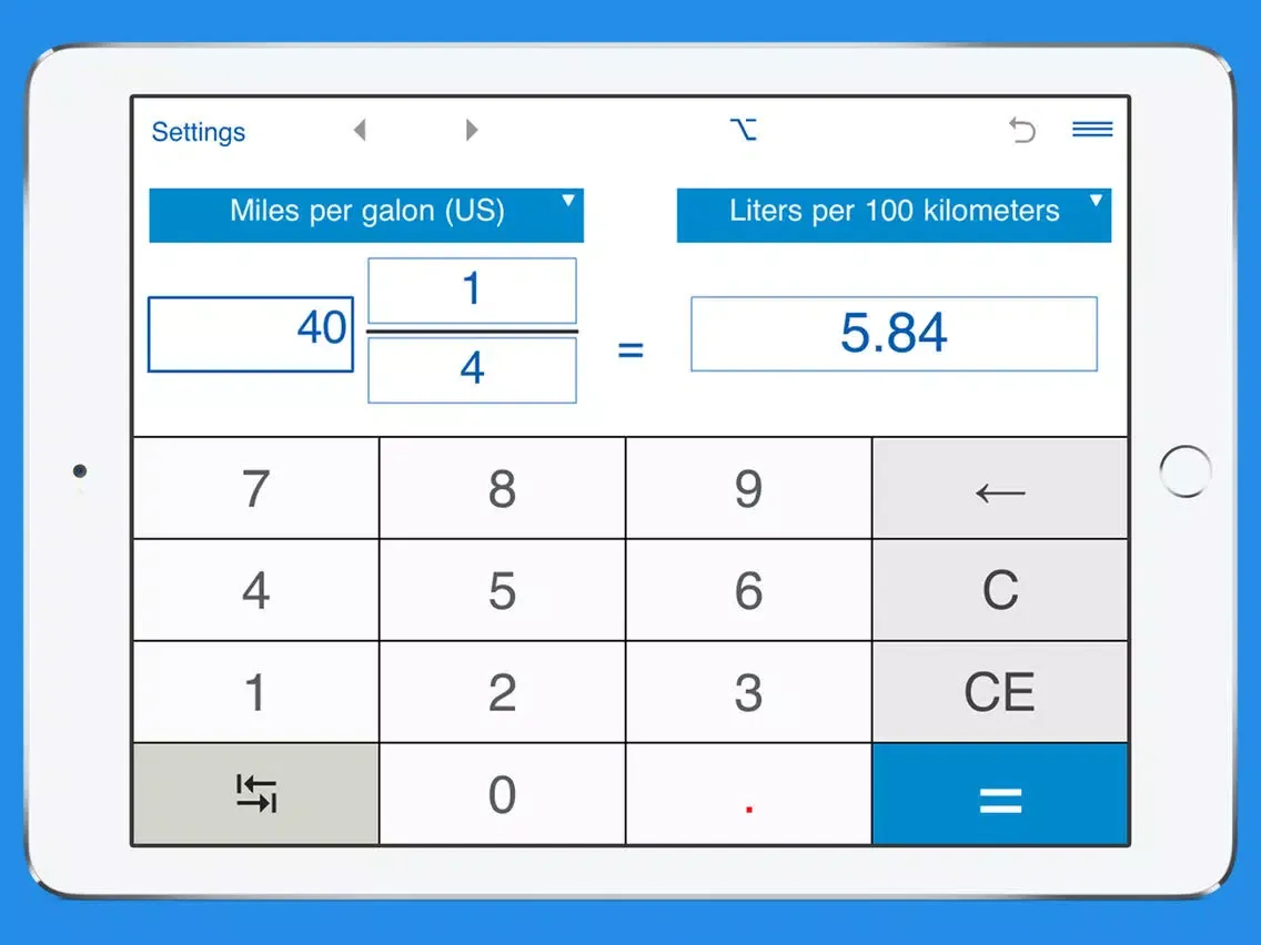 Fuel consumption converter MPG to L/100km and km/L iPad  スクリーンショット