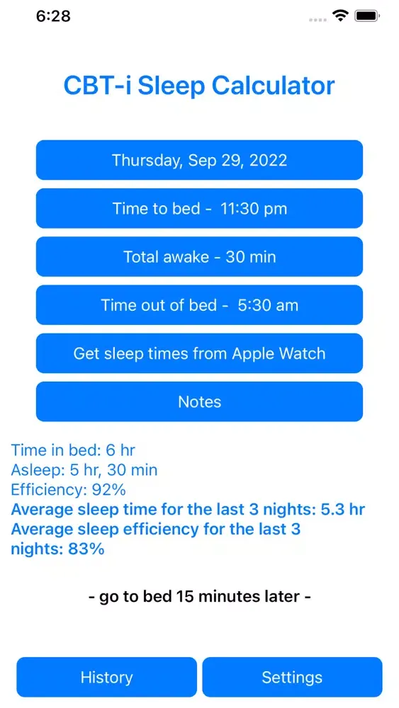 Tangkapan skrin CBT-i Sleep Calculator