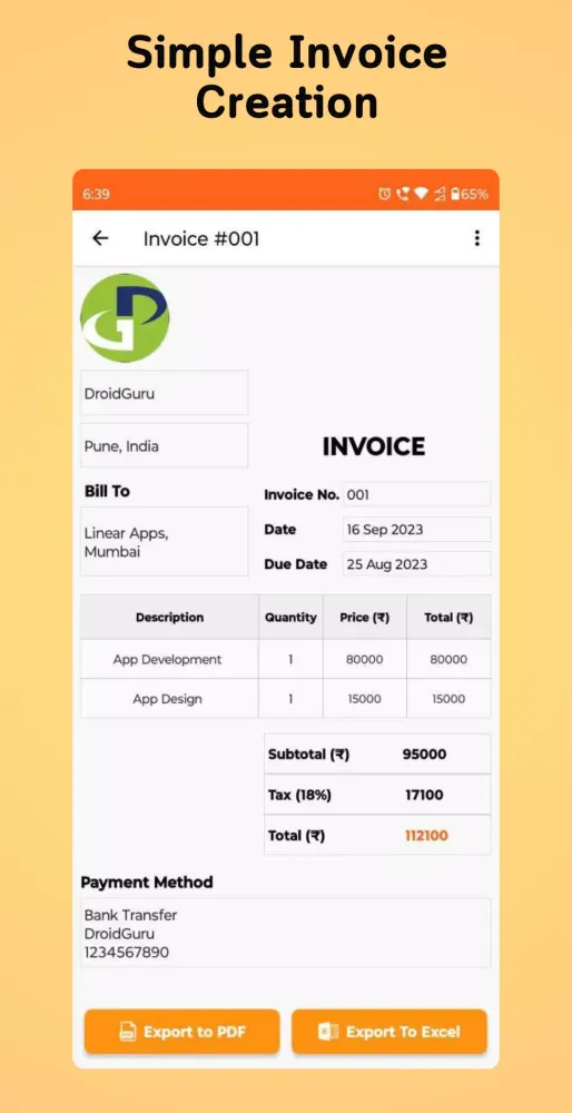 Invoice Generator: Excel & Pdf Screenshots