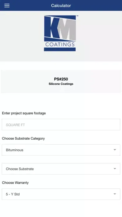KM Coatings Calculator Screenshots