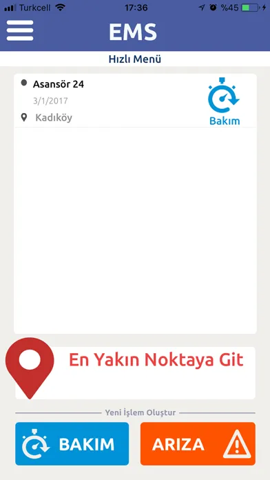 Tangkapan layar EMS - Asansör Takip Sistemi