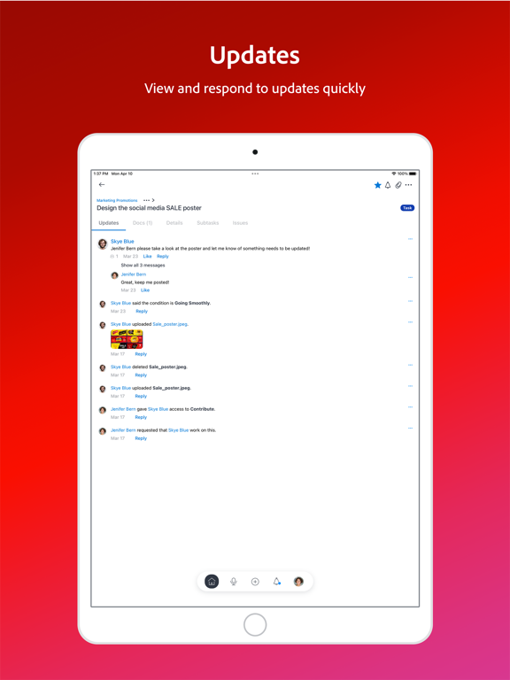 Capturas de tela do Adobe Workfront iPad 