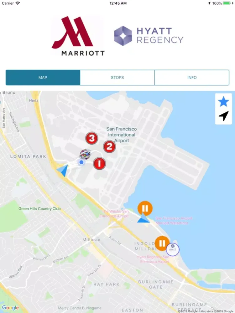 Tangkapan skrin SFO Shuttles Bayshore iPad 