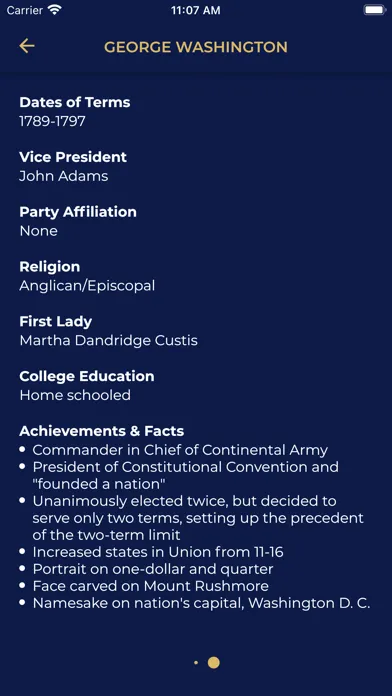Capturas de tela do US Presidents Learning App