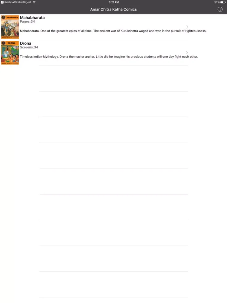 Tangkapan layar Mahabharata and Drona Digest - Amar Chitra Katha iPad 