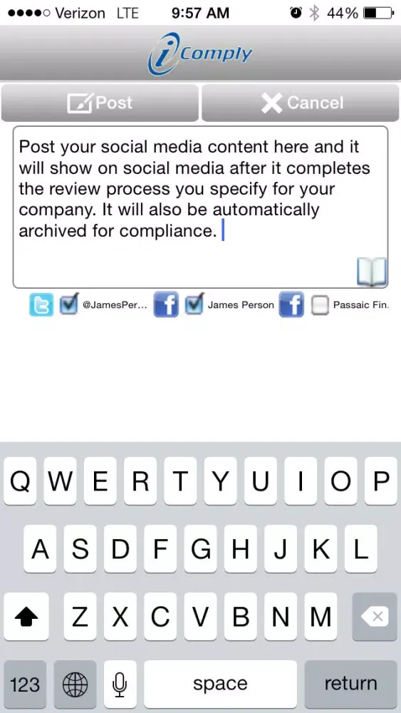 Capturas de tela do i-Comply Social Media Sharing, Protection, Compliance, Archiving and Workflow Approval